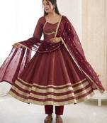 Maroon silk blend lace flared gown set