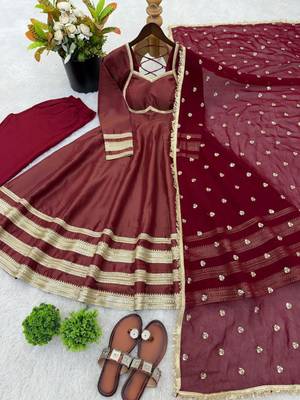 Maroon silk blend lace flared gown set 3