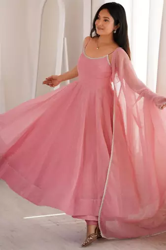 Pink silk blend plain anarkali set
