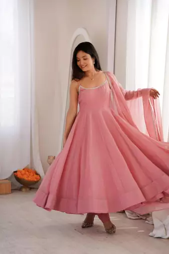 Pink silk blend plain anarkali set