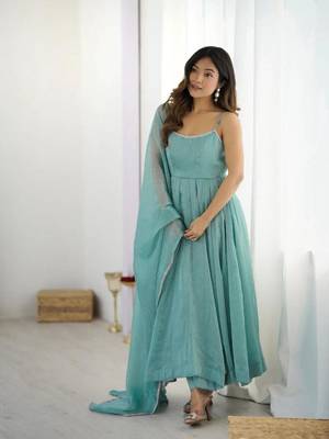 Blue silk blend plain anarkali set 2