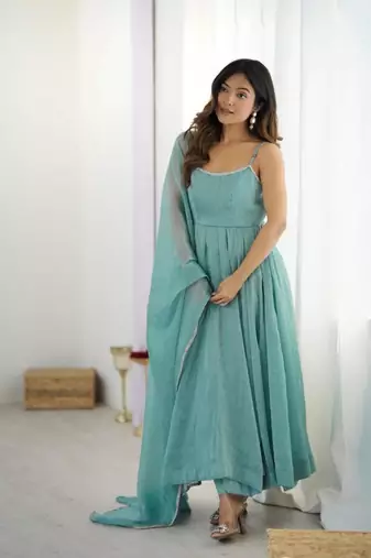 Blue silk blend plain anarkali set