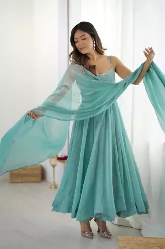 Blue silk blend plain anarkali set