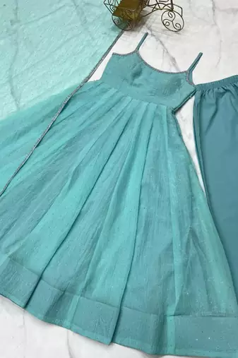 Blue silk blend plain anarkali set