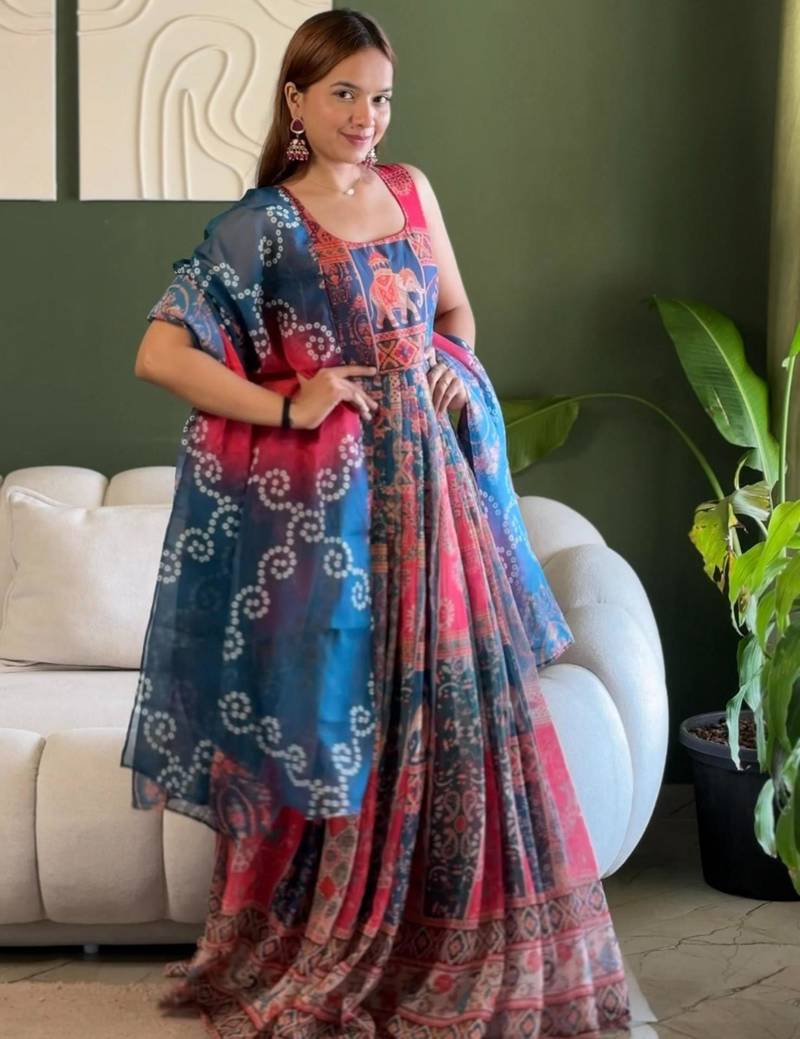 Multicolor organza printed flared gown set