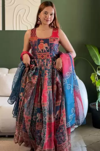 Multicolor organza printed flared gown set