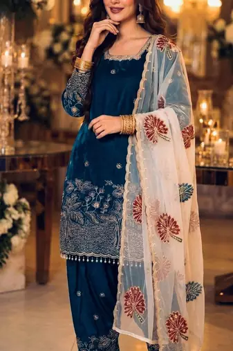 Blue silk blend embroidered farshi salwar set