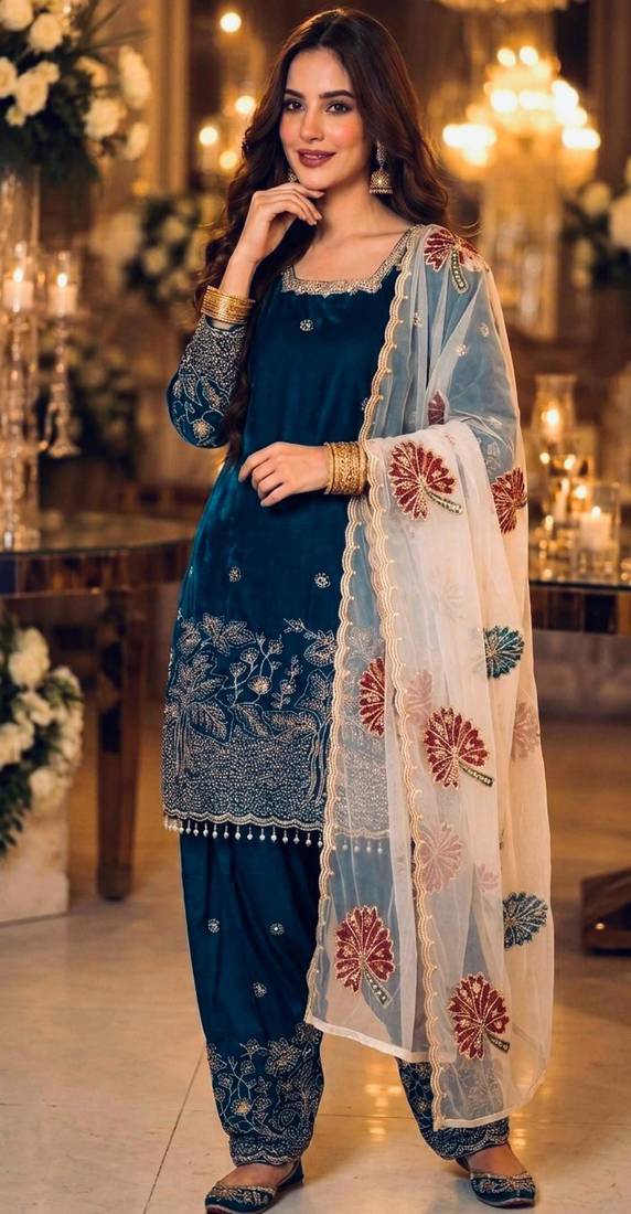 Blue silk blend embroidered farshi salwar set
