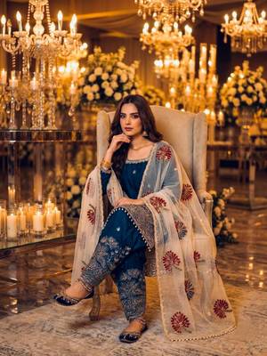 Blue silk blend embroidered farshi salwar set 2