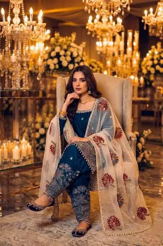 Blue silk blend embroidered farshi salwar set