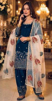 Blue silk blend embroidered farshi salwar set 3