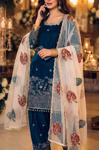 Blue silk blend embroidered farshi salwar set