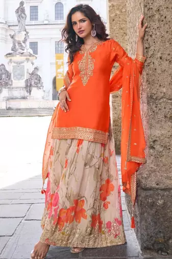 Orange silk blend embroidered sharara set
