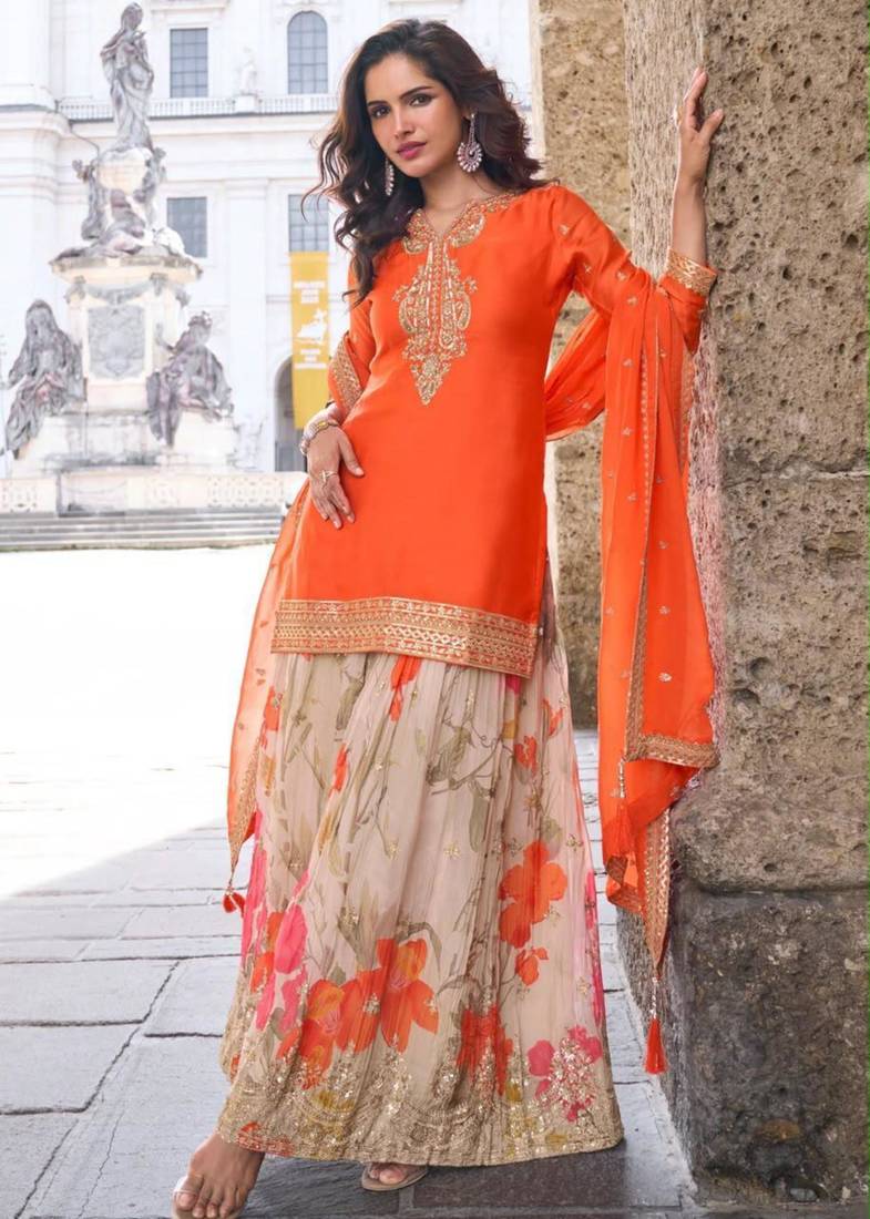 Orange silk blend embroidered sharara set