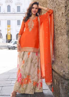 Orange silk blend embroidered sharara set 2