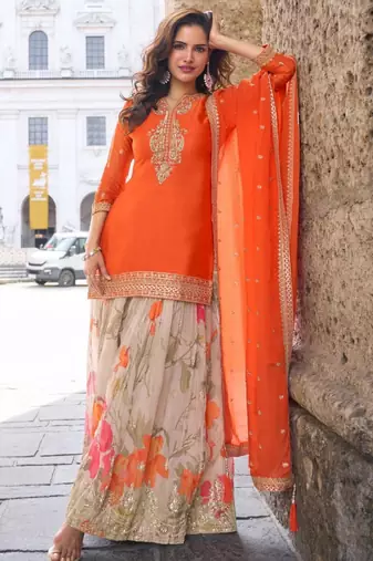 Orange silk blend embroidered sharara set