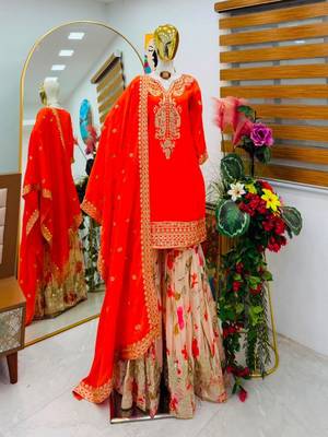 Orange silk blend embroidered sharara set 3