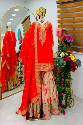 Orange silk blend embroidered sharara set