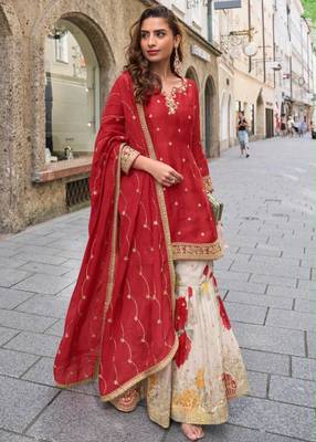 Red silk blend embroidered sharara set 1