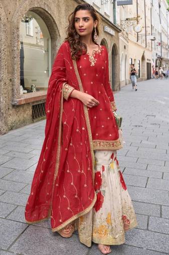 Red silk blend embroidered sharara set