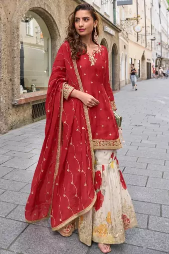 Red silk blend embroidered sharara set