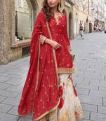 Red silk blend embroidered sharara set