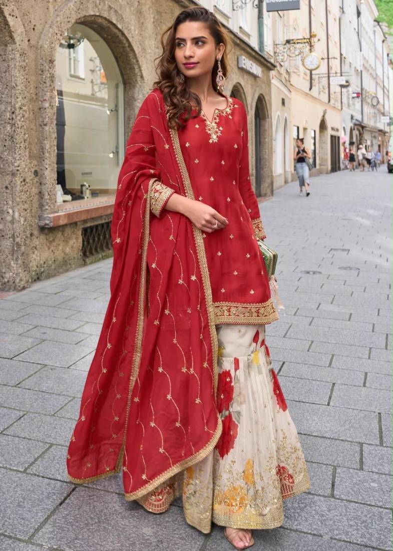 Red silk blend embroidered sharara set