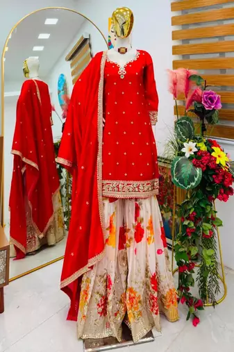 Red silk blend embroidered sharara set