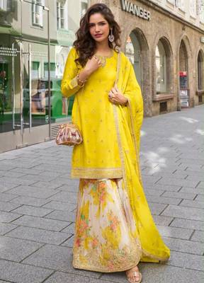Yellow silk blend embroidered sharara set 1