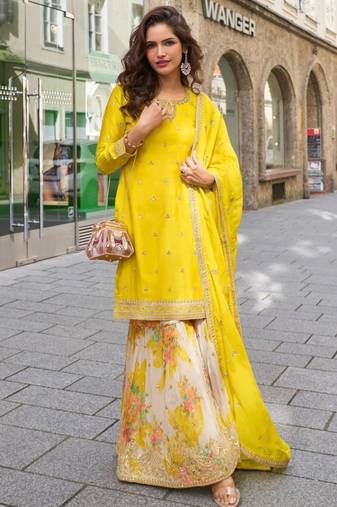 Yellow silk blend embroidered sharara set