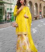Yellow silk blend embroidered sharara set