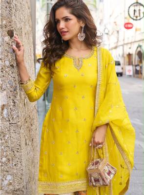 Yellow silk blend embroidered sharara set 3