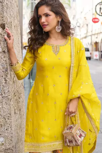 Yellow silk blend embroidered sharara set