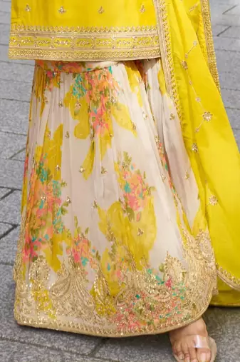 Yellow silk blend embroidered sharara set