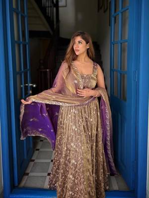 Champagne silk blend embroidered flared gown set 1