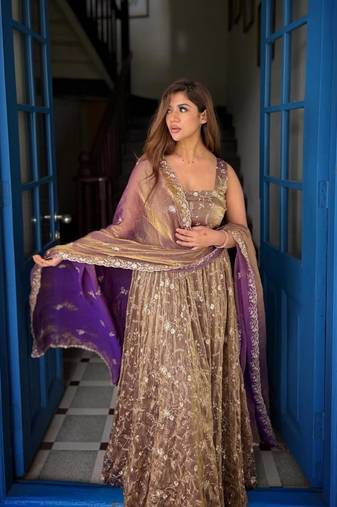 Champagne silk blend embroidered flared gown set