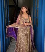 Champagne silk blend embroidered flared gown set
