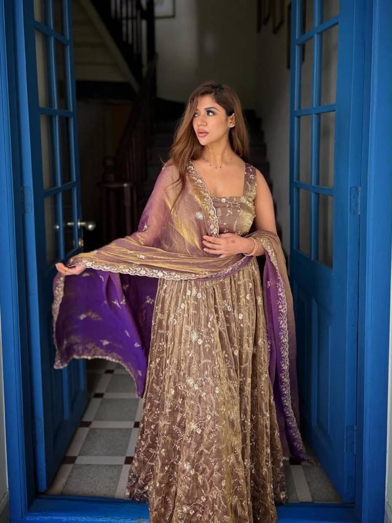 Champagne silk blend embroidered flared gown set
