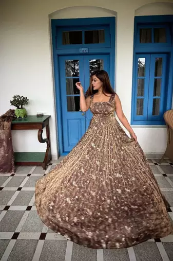 Champagne silk blend embroidered flared gown set