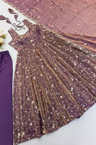 Champagne silk blend embroidered flared gown set