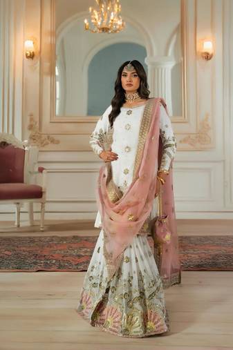 White faux georgette embroidered sharara set
