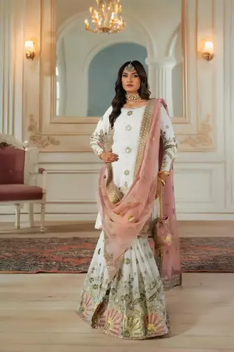 White faux georgette embroidered sharara set
