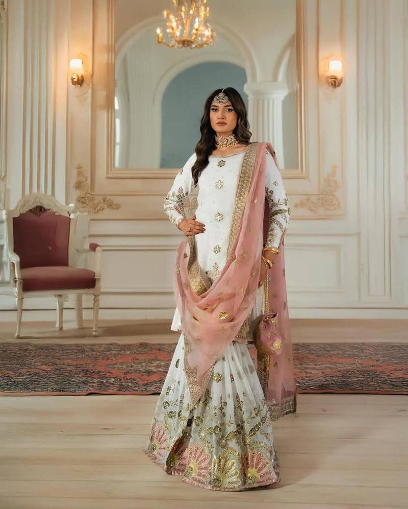 White faux georgette embroidered sharara set