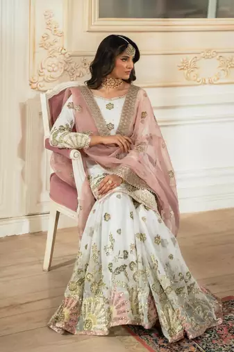 White faux georgette embroidered sharara set