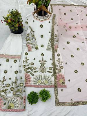 White faux georgette embroidered sharara set 3