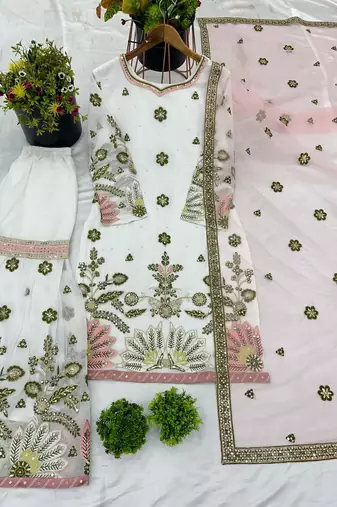White faux georgette embroidered sharara set