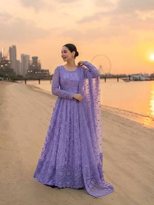Purple faux georgette embroidered flared gown set 1