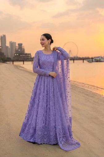 Purple faux georgette embroidered flared gown set