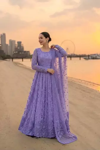 Purple faux georgette embroidered flared gown set