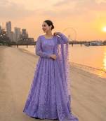 Purple faux georgette embroidered flared gown set